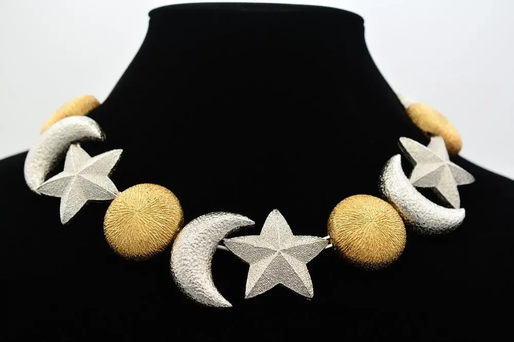 Christian Dior Vintage Celestial Moon Star Statement Necklace Silver Gold Chunky